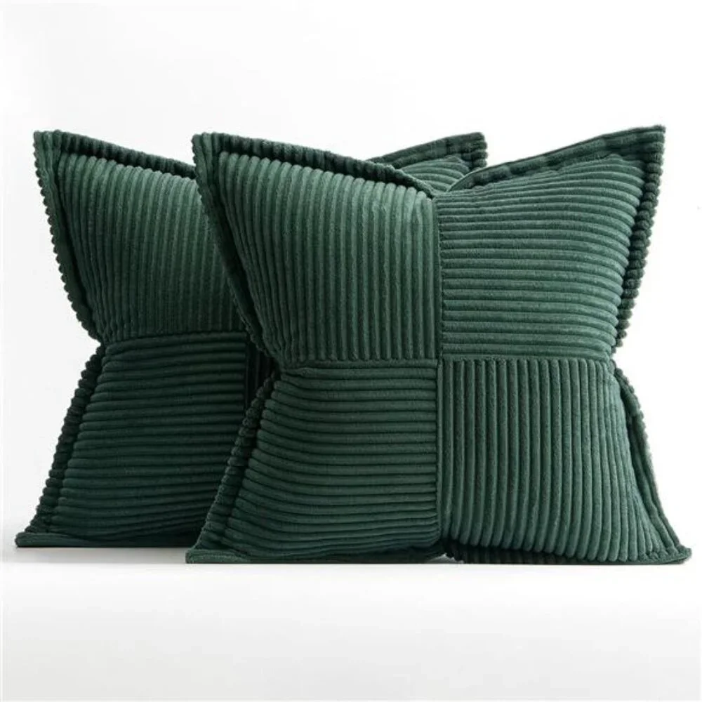 Set of 2 Dark Green Corduroy Pillow Covers,Boho Striped Decorative Cushion 18x18